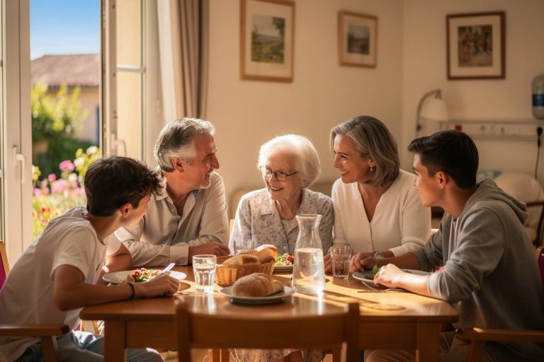 femme agée dans un maison de retraite entourée de sa famille