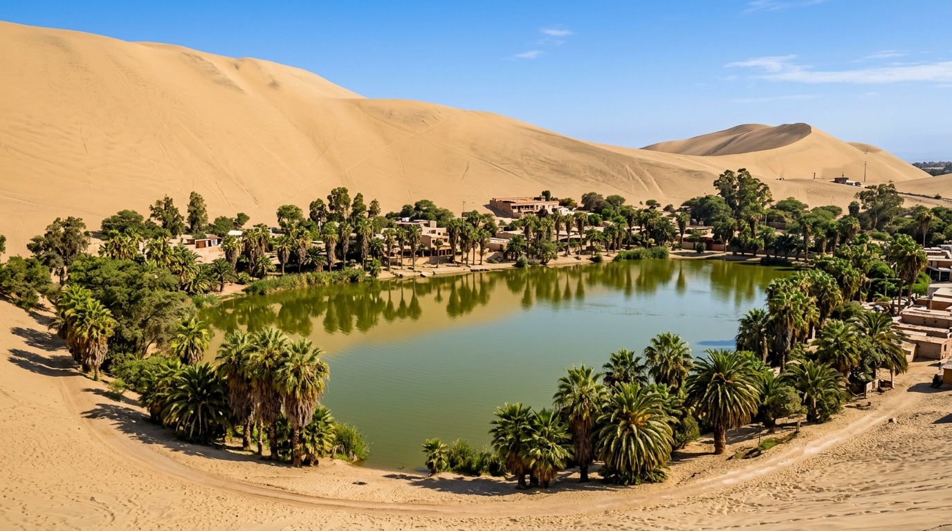 découvrez l'oasis de huacachina, un véritable joyau naturel au pérou, offrant des paysages à couper le souffle, des dunes de sable impressionnantes et une expérience unique au cœur du désert.