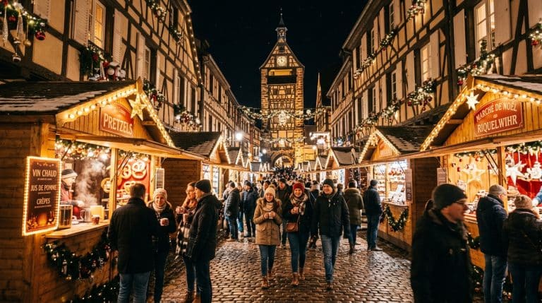 plongez dans l'ambiance féerique de noël à riquewihr, entre décorations lumineuses, marchés traditionnels et charme alsacien authentique.
